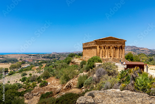 Agrigento, Sicily, Italy - July 12, 2020: Greek ruins of Concordia Temple in the Valley of Temples near Agrigento in Sicily photo