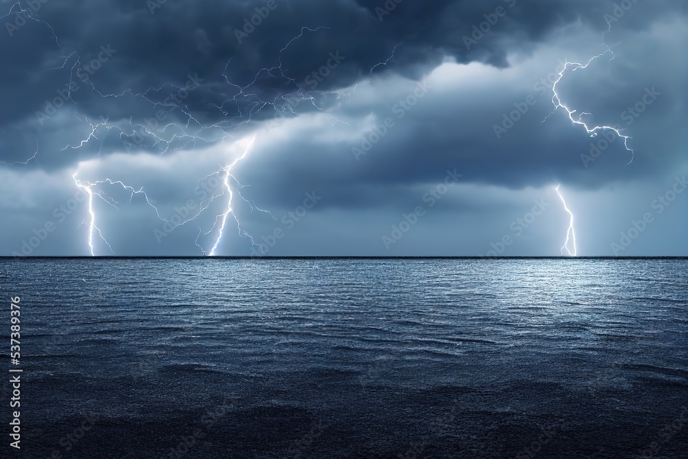 storm clouds and bright discharges of lightning over a pond 3D illustration