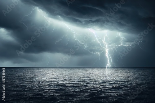 storm clouds and bright discharges of lightning over a pond 3D illustration