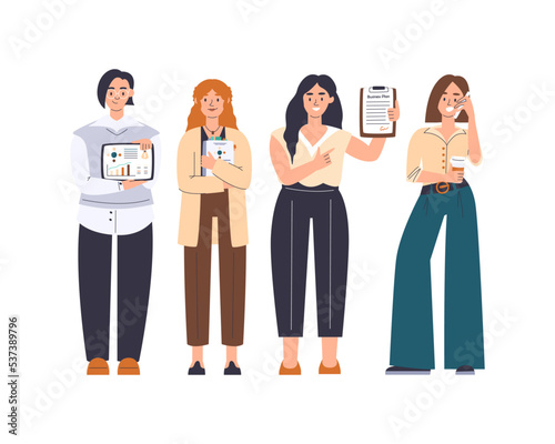 Business women teamwork concept. Different female professionals standing with business plan and technology tools. Corporative staff team presentation. Businesswomen hand drawn flat vector illustration