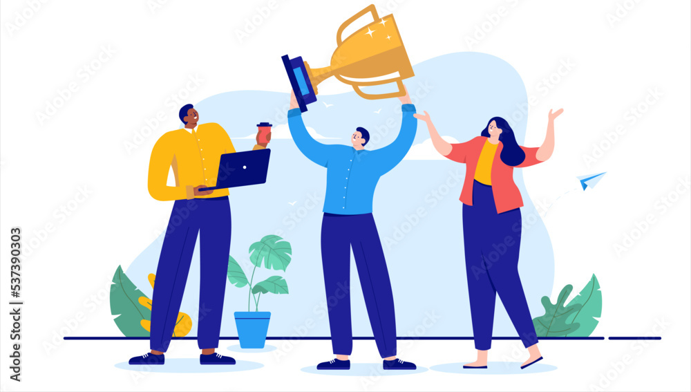 Winning people with trophy - Team of three businesspeople cheering and smiling after great achievement. Flat design cartoon vector illustration with white background