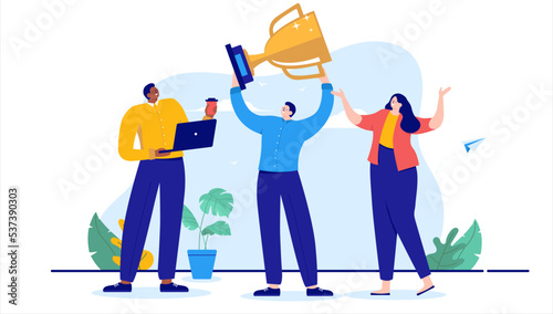 Winning people with trophy - Team of three businesspeople cheering and smiling after great achievement. Flat design cartoon vector illustration with white background