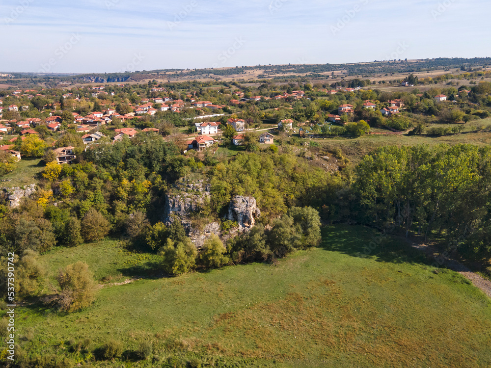 Aerial view of Vit river, passing near village of Aglen,  Bulgaria