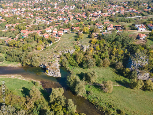 Aerial view of Vit river, passing near village of Aglen, Bulgaria