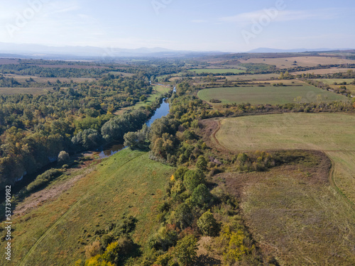 Aerial view of Vit river  passing near village of Aglen   Bulgaria