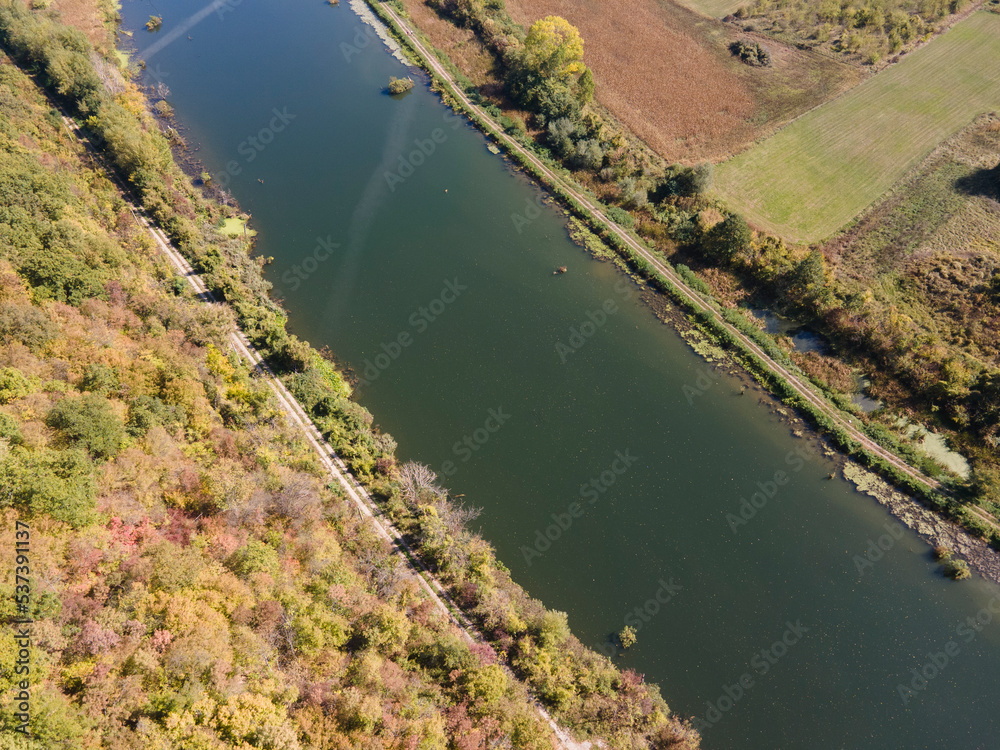 Aerial view of Iskar river, passing near village of Karlukovo, Bulgaria