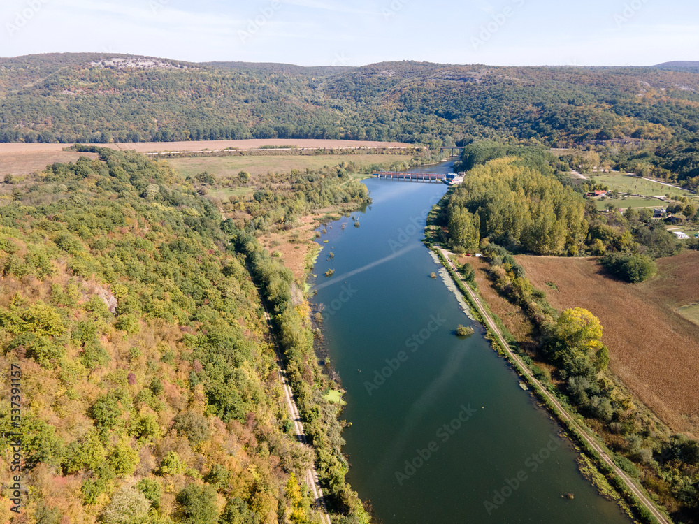 Aerial view of Iskar river, passing near village of Karlukovo, Bulgaria