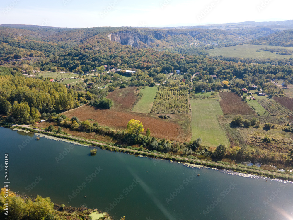 Aerial view of Iskar river, passing near village of Karlukovo, Bulgaria