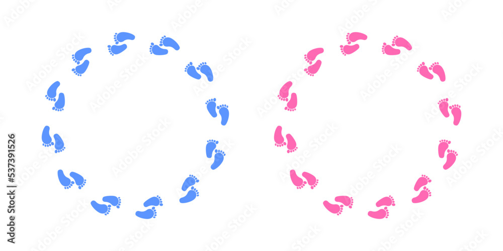 Round frame with boy and girl footprints. Template for baby shower, gender reveal, pregnancy or welcome newborn baby party invitation or greeting card, photo, picture, banner. Vector flat illustration Round frame with boy and girl footprints. Template for baby shower, gender reveal, pregnancy or welcome newborn baby party invitation or greeting card, photo, picture, banner. Vector flat illustration