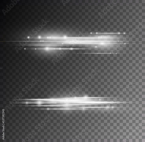 Particle motion effect. Magic of moving fast lines. White special effect, speed line. Laser beams, horizontal silver light rays. Beautiful glow light flare and spark dust. Vector illustration.