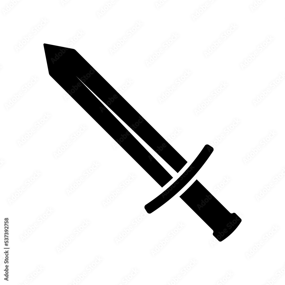 Sword icon. Black silhouette. Front side view. Vector simple flat graphic illustration. Isolated object on a white background. Isolate. Sword icon. Black silhouette. Front side view. Vector simple flat graphic illustration. Isolated object on a white background. Isolate.