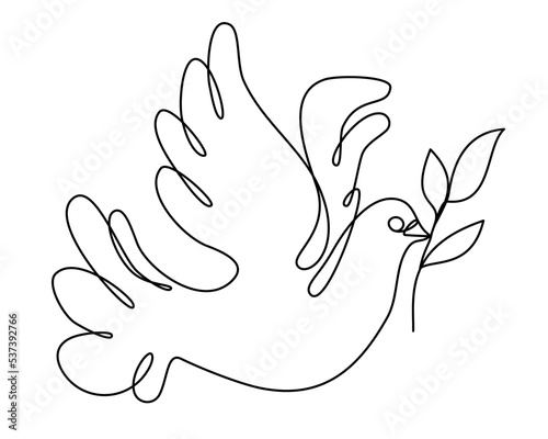 Dove with olive Branch One Continuous Line Drawing Bird symbol of Peace and Freedom  Simple linear style.  Doodle vector illustration One Line Vector Illustration Isolated on a white background.