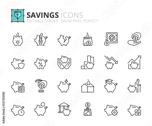 Simple set of outline icons about savings. Financial concept.