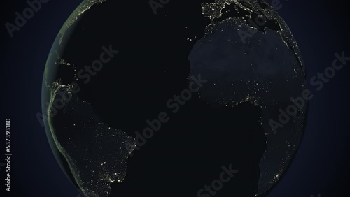Seamless looping animation of the earth at night zooming in to the 3d map of Guinea with the capital and the biggest cites in 4K resolution photo