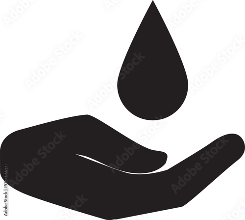 An illustration of a silhouette icon of one hand holding a drop, symbolizing blood donation, on a white background