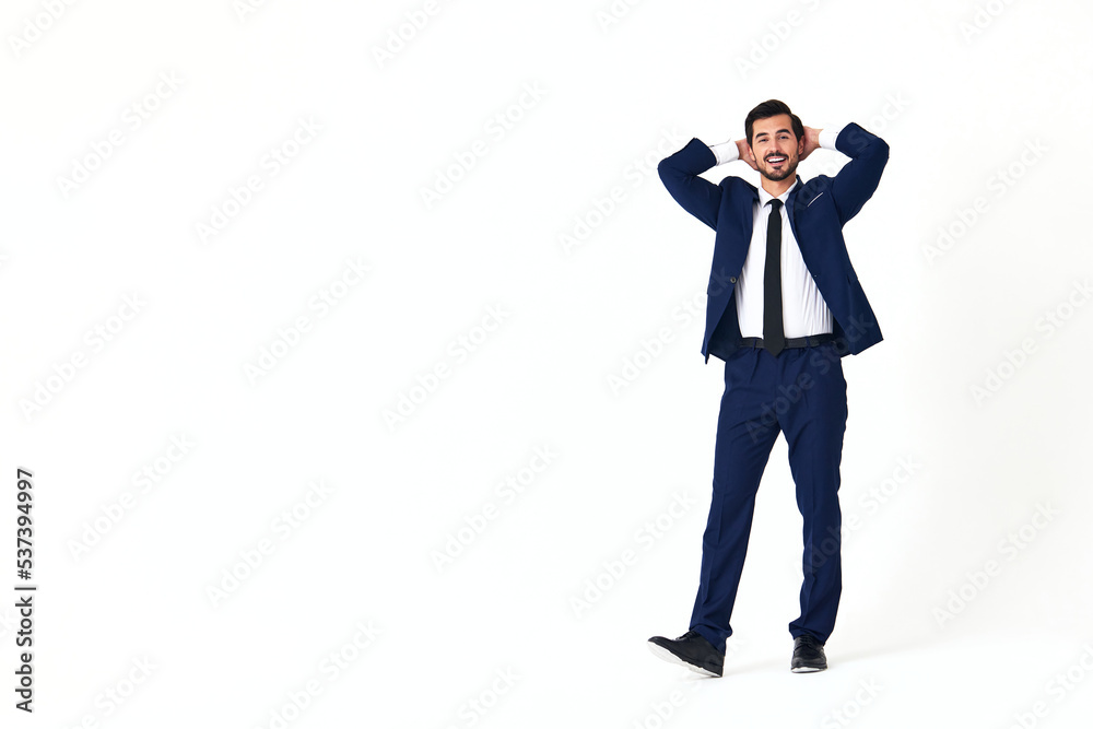 Man business smile with teeth in a suit business job walks open mouth happiness and surprise full-length on white isolated background copy space Man business smile with teeth in a suit business job walks open mouth happiness and surprise full-length on white isolated background copy space