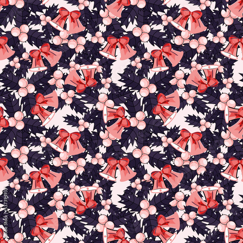 Seamless holiday pattern with holly berries and leaves and bells with ribbon bow vector illustration 