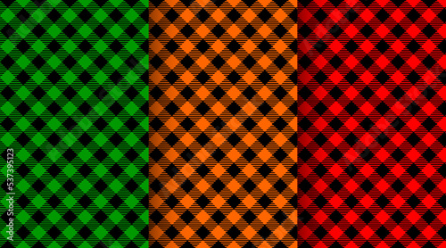 Set of diagonal gingham seamless patterns. Christmas buffalo plaid, Halloween or Thanksgiving day background, checkered lumberjack texture. Fabric geometric design for shirt, blanket, coat, tablecloth