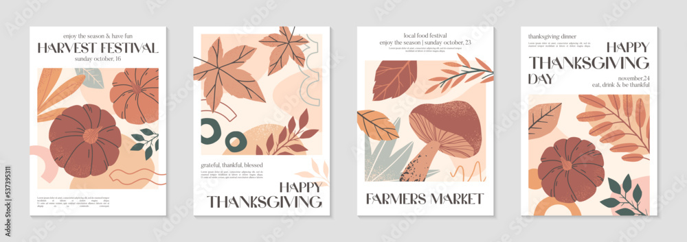 Happy Thanksgiving dinner and harvest posters with pumpkins,foliage and copy space for text.Modern autumn covers for invitations,social media marketing,greetings,brochure.Trendy holiday backgrounds. Happy Thanksgiving dinner and harvest posters with pumpkins,foliage and copy space for text.Modern autumn covers for invitations,social media marketing,greetings,brochure.Trendy holiday backgrounds.