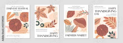 Happy Thanksgiving dinner and harvest posters with pumpkins,foliage and copy space for text.Modern autumn covers for invitations,social media marketing,greetings,brochure.Trendy holiday backgrounds.