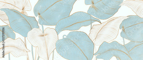 Abstract luxury art background with tropical leaves in line art style. Botanical banner for decoration, print, textile, packaging, wallpaper, invitations.
