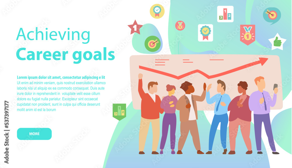 Career development banner. Achieving career goals landing page. Concept of self build promotion, personal growth, professional progress. Successful teamwork, group of businessmen celebrate advance