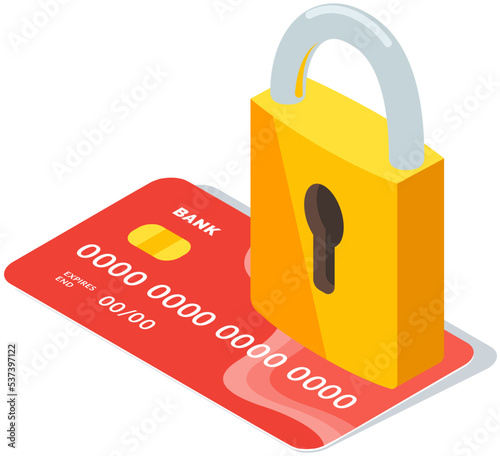 Protection of banking data of users of financial system, personal data of client. Padlock is on bank card. DDoS attack on credit card. Virus, hacker attack. Fraud, theft of money from bank account