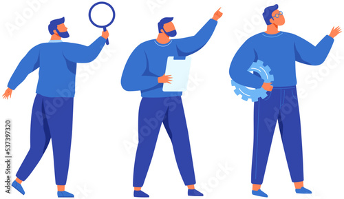 Set of person holding stationery. Bundle character design for information, solution, analyze, write concept. Man holding magnifying glass, gear and document. Working with data, analyzing information