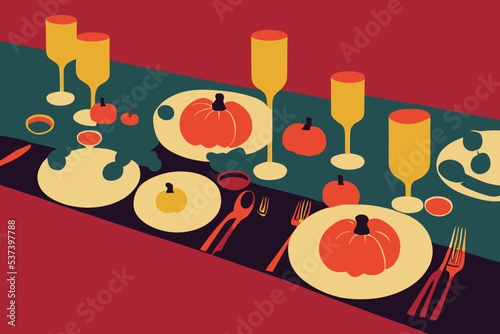 Dinner table with pumpkins - concept of Thanksgiving