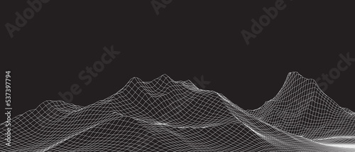 Abstract wireframe background. 3D grid technology illustration landscape. Digital Terrain Cyberspace in the Mountains with valleys. Data Array. Triangle polygons. White on Black. Vector Illustration.