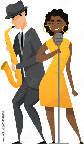 Diverse jazz duet with beautiful female singer sings song. Group of musicians playing by musical instrument saxophone performing on stage. Hobbies and profession, stage artists, classical concert