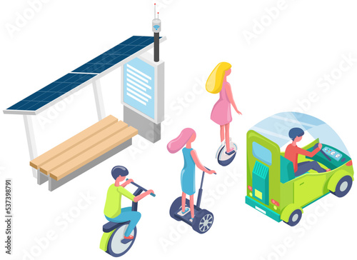 Road in city with people riding various kinds of electric transport scooter, hoverboard, gyro scooter, one wheel, car. Environment friendly electric transport. Smart city concept with bus stop