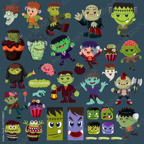 Vintage Halloween poster design with vector zombie, jack o lantern character set. 
