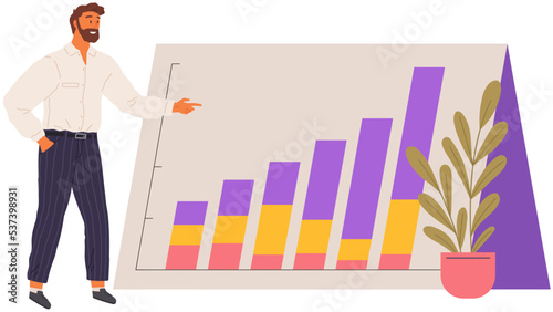 Businessman financier making financial report standing at board with charts. Financial income growth. Investment analysis money profits. Investor successful employee making investing plan presentation