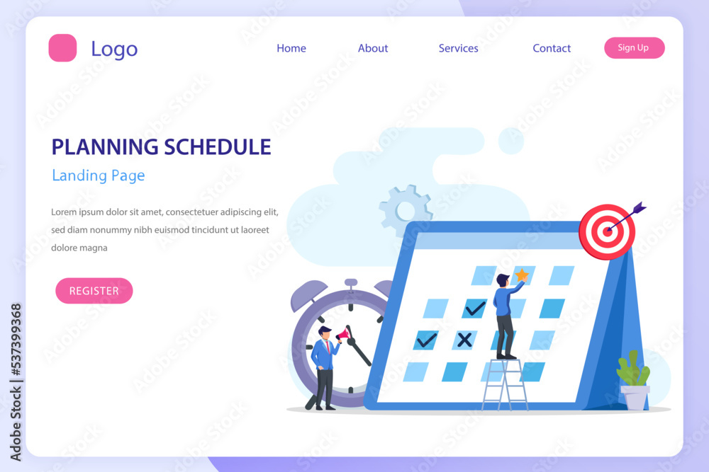 Planning Schedule concept, People filling out the schedule on a giant calendar, work planning, work in progress. Flat vector template