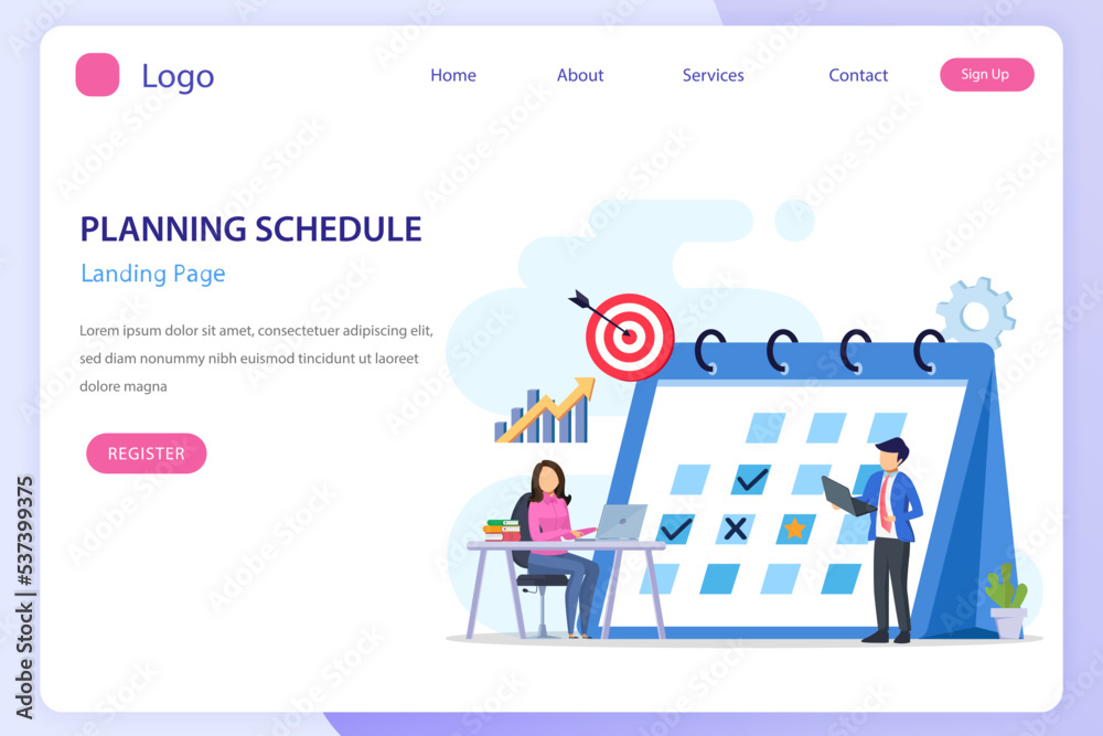 Planning Schedule concept, People filling out the schedule on a giant calendar, work planning, work in progress. Flat vector template