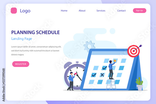 Planning Schedule concept, People filling out the schedule on a giant calendar, work planning, work in progress. Flat vector template © songo_