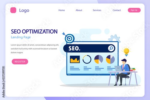 SEO optimization concept, website development, entrepreneur, business web, data analyst, illustration with icons and character. Flat vector template style Suitable for Web Landing Pages.