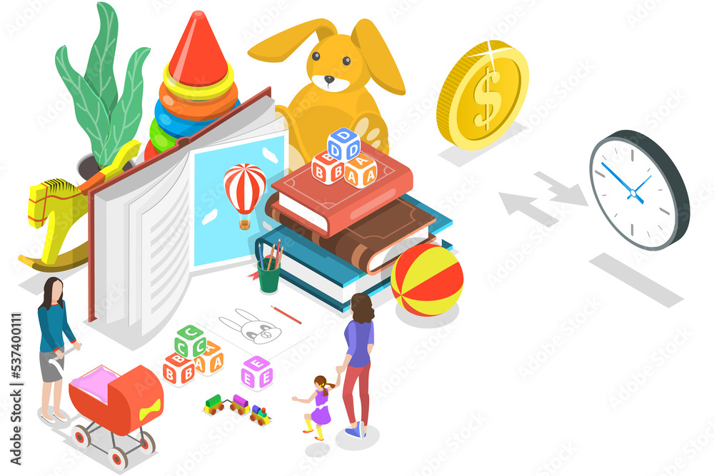 Naklejka premium 3D Isometric Flat Conceptual Illustration of Babysitting Income.