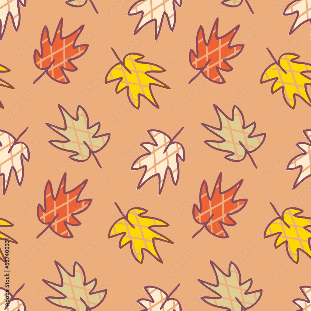 Fototapeta premium Retro style checkered maple leaves seamless pattern. Autumn print for tee, paper, fabric, textile. Hand drawn vector illustration for decor and design.