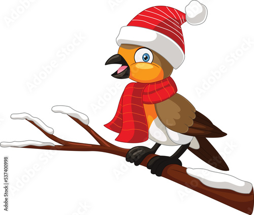 Cartoon robin bird wearing santa hat and scarf