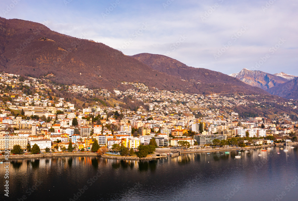 Residential buildings of Locarno along shore of Lake Maggiore in Ticino canton, Switzerland.