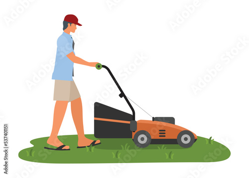 Man pushing lawn mower machine. Simple flat illustration