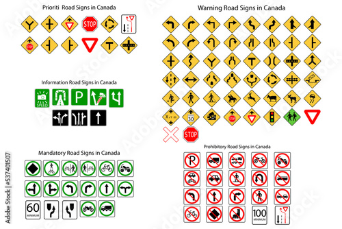 Road signs in Canada. Road signs of Canada set. All road signs canada. Vector illustration. Stock picture.