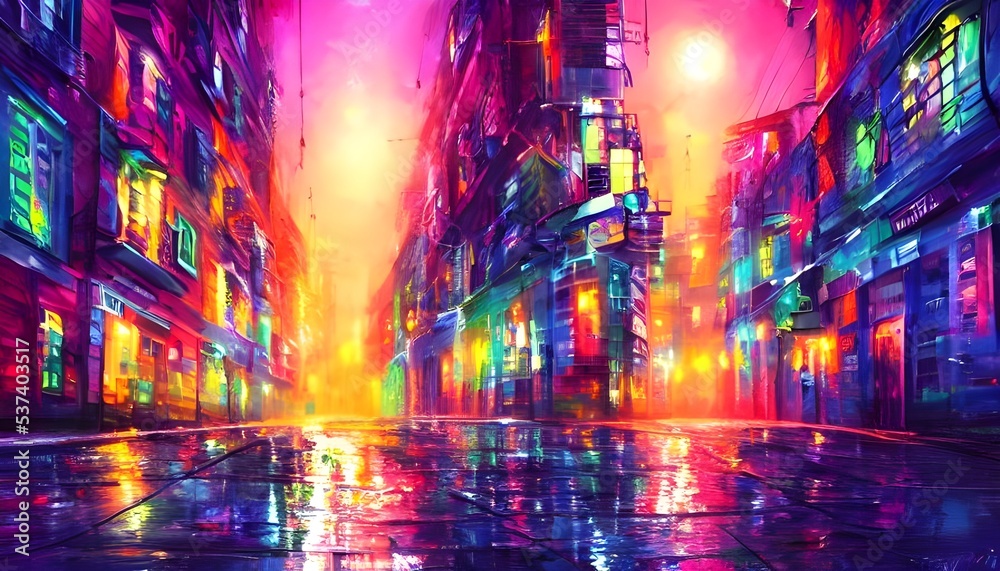 Fototapeta premium It's a calm night in the city and the colorful lights from the streetlights reflect off of the wet pavement.