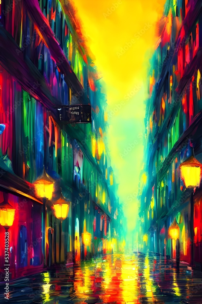 Naklejka premium The city street is calm and the air is fresh. The colorful streetlights illuminate the dark sky.