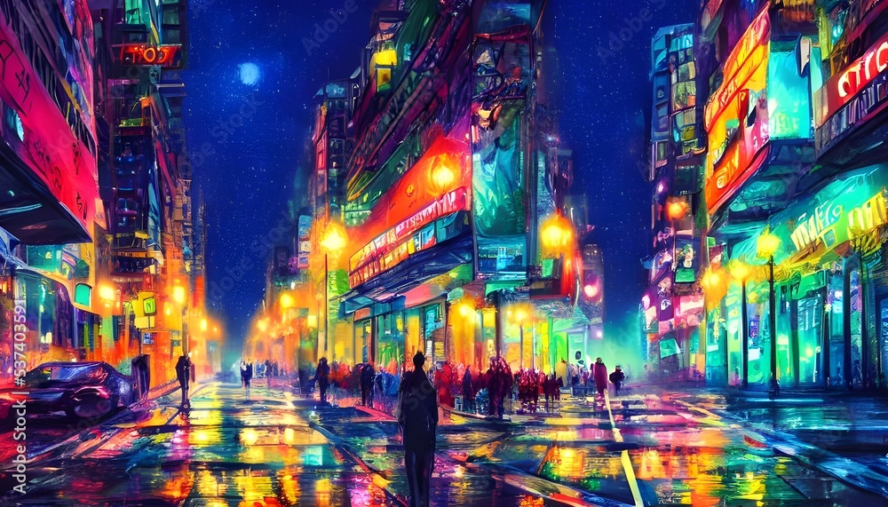 It's nighttime in the city, and the street is alive with colorful lights. The calm atmosphere is punctuated by the occasional car or pedestrian. Streetlights cast a warm glow over everything, making i