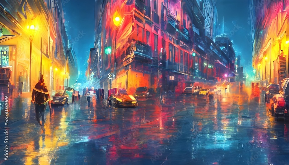 Fototapeta premium The city street is a flurry of colors and lights. The streetlights cast a calming glow over the bustling area below.