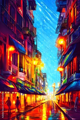 Colorful lights illuminate the calm city street at night.