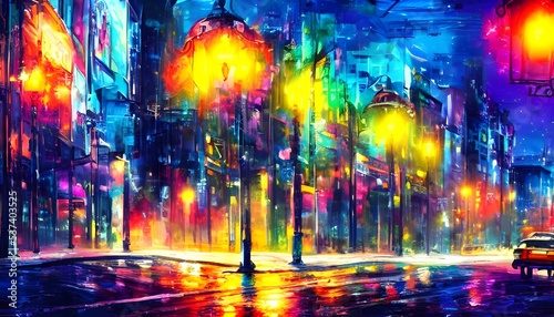 The city street at night is colorful and calm. The streetlights brighten up the dark sky  and the buildings are illuminated in a rainbow of hues. It s a peaceful scene.